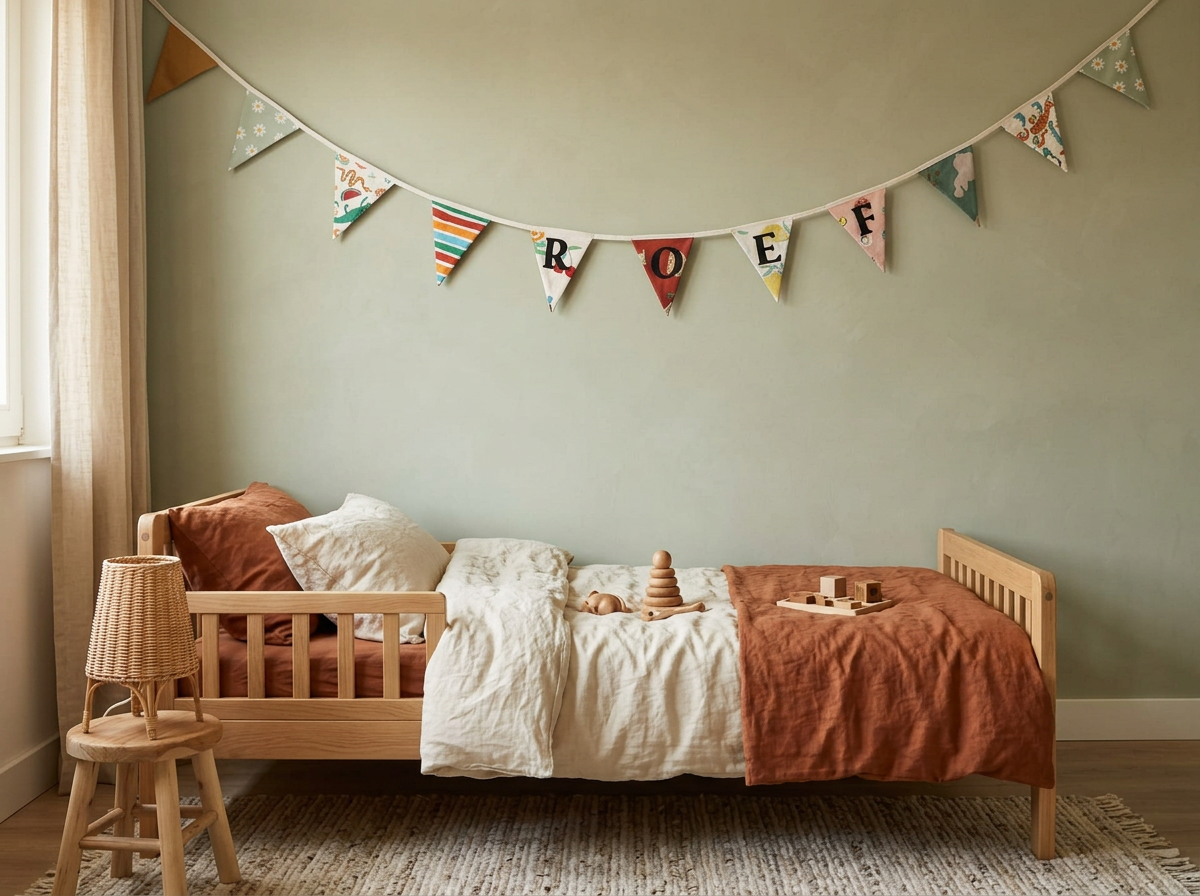 Kinderkamer met een klein houten bed en een stoffen slinger met de naam Roef
