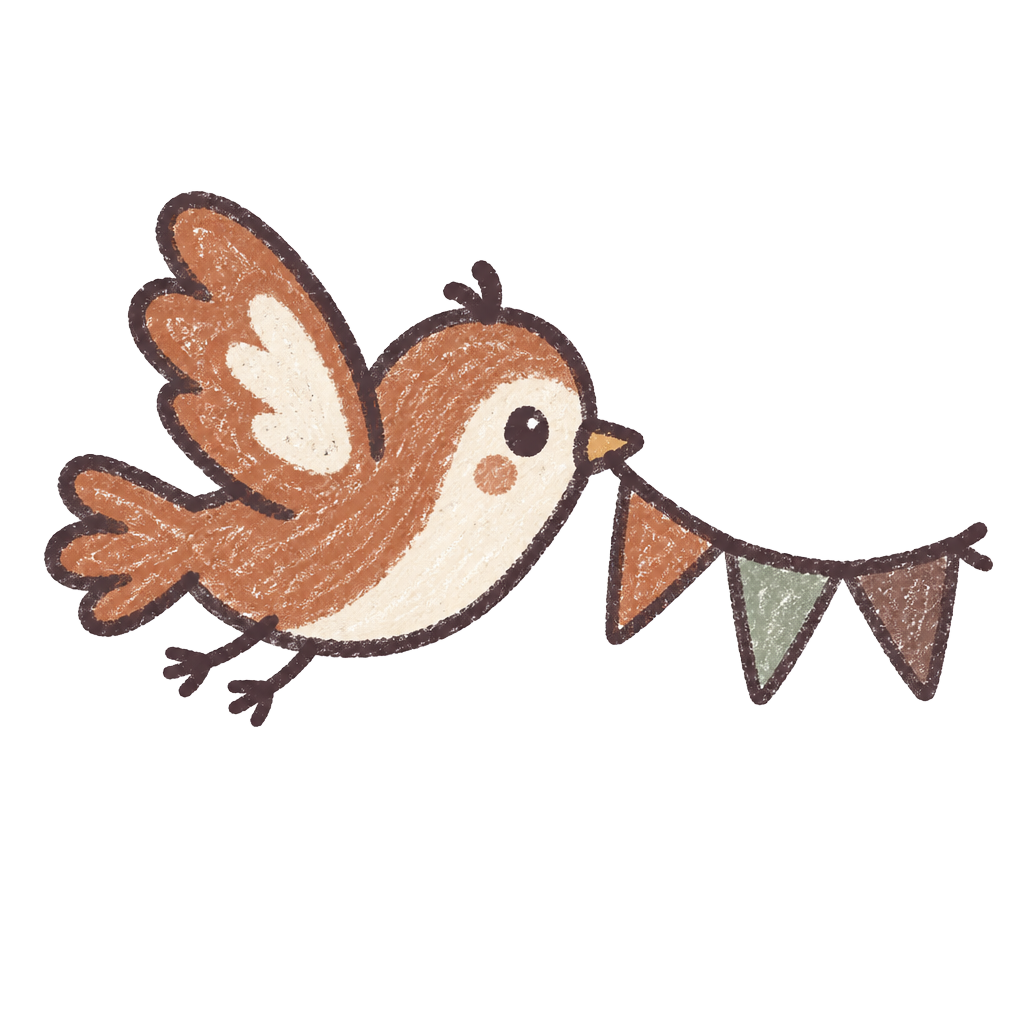 Getekend vogeltje dat een klein slingertje draagt
