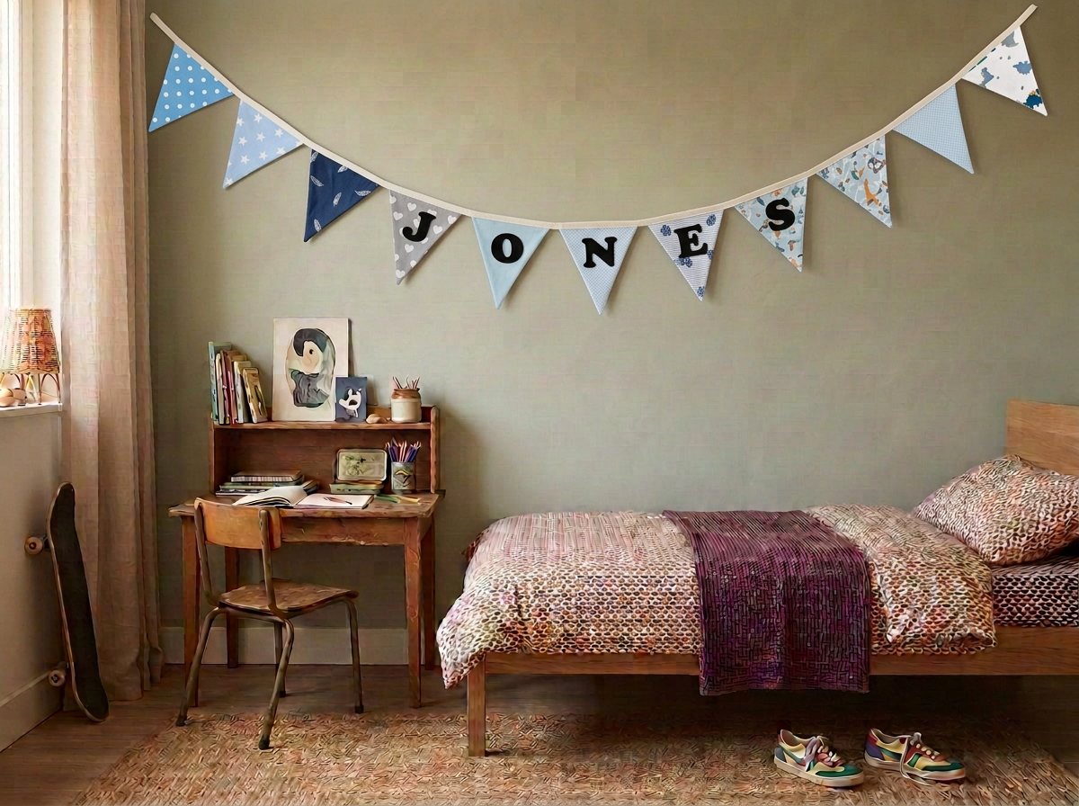 Slaapkamer van Jones met de stoffen naamslinger boven het bed