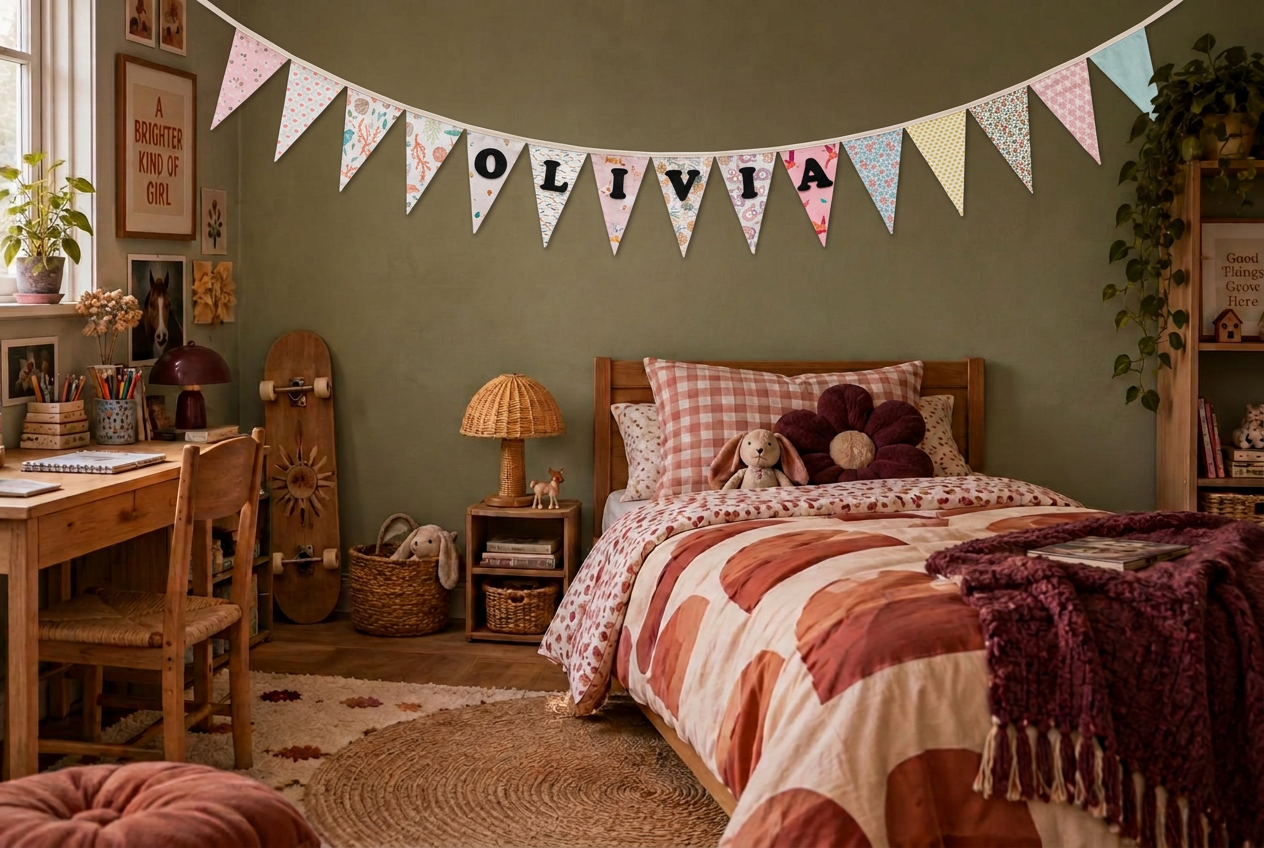 Naamslinger met de naam Olivia boven een houten bed in een stoere meisjeskamer