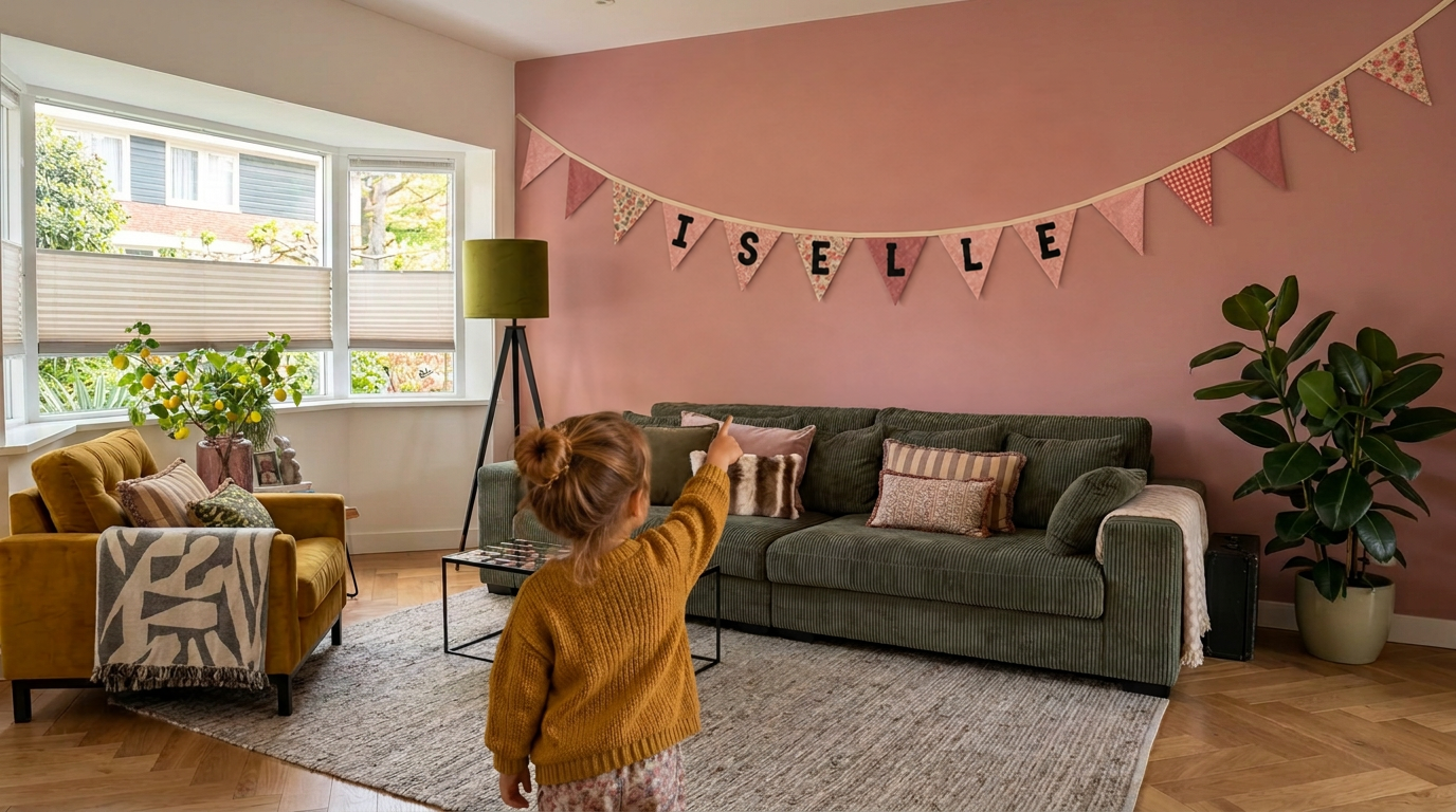 Een peuter wijst naar de handgemaakte slinger aan de muur van een gezellige woonkamer